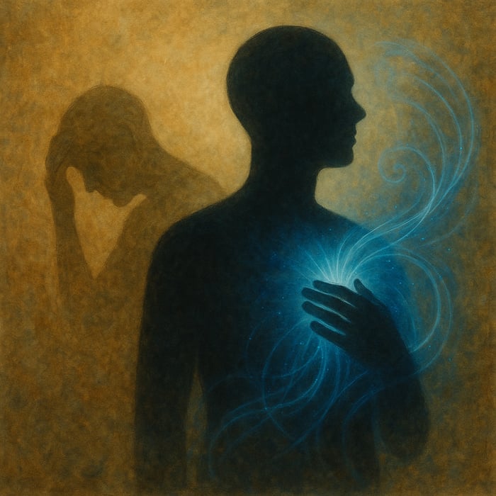 A composite portrait of a person living with pain, shifting from distress to calm as RH Frequencies swirl gently around their chest.