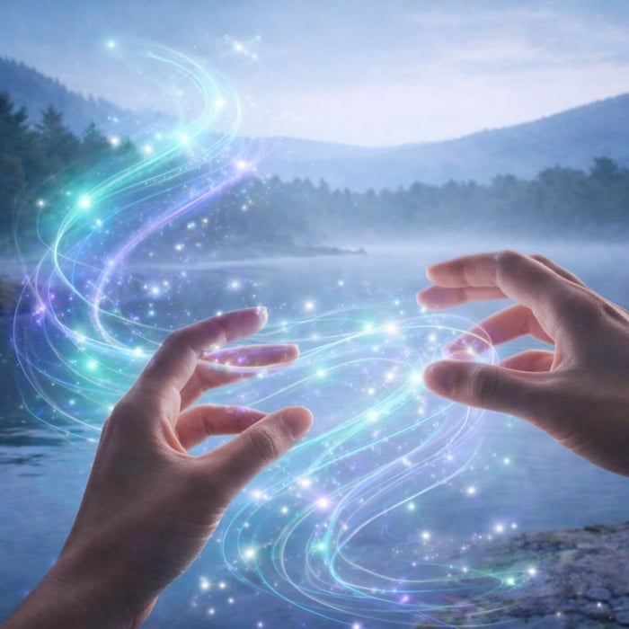 Hands gently interacting with blue, green, and purple Energy, Light & Information® flowing softly in open space.
