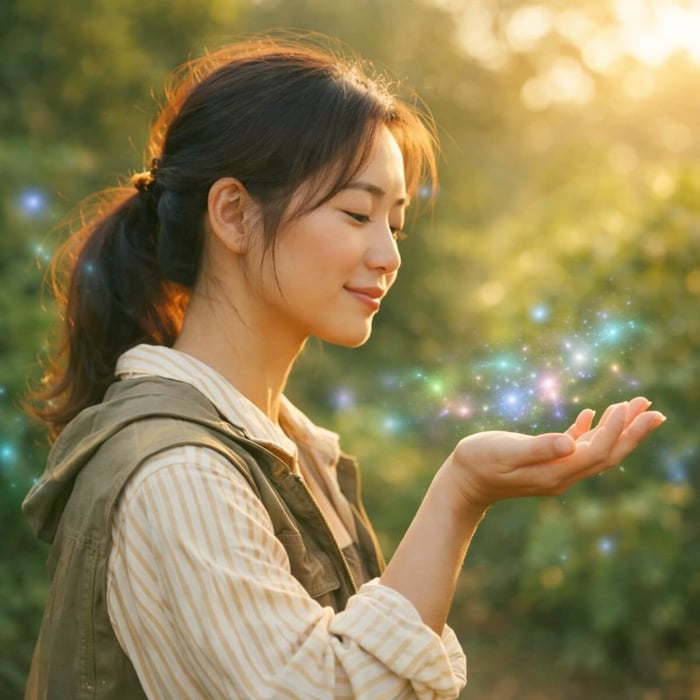 Asian woman standing in a natural landscape with her palm turned upward, calmly experiencing receiving awareness as subtle blue, violet, and green Reconnective Healing frequencies play gently in and around her hand.