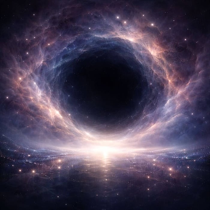 A digital painting in a cosmic, ethereal art style depicting a luminous void at the center of swirling nebulae in blues, purples, and golds, with starlight reflecting on a calm, glassy surface below.