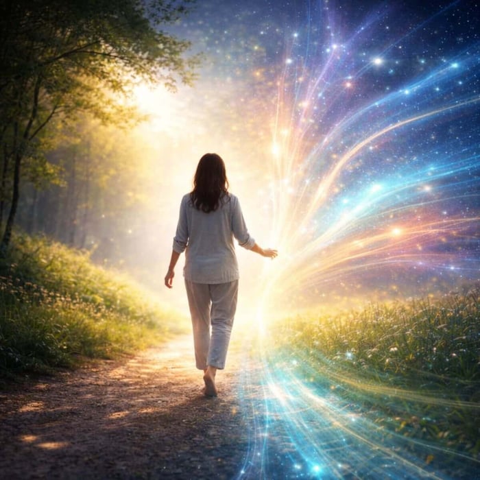 A woman in loose light clothing walks barefoot along a forest path, stepping through a glowing threshold into a vibrant realm of swirling light and color—symbolizing the doorway to healing.