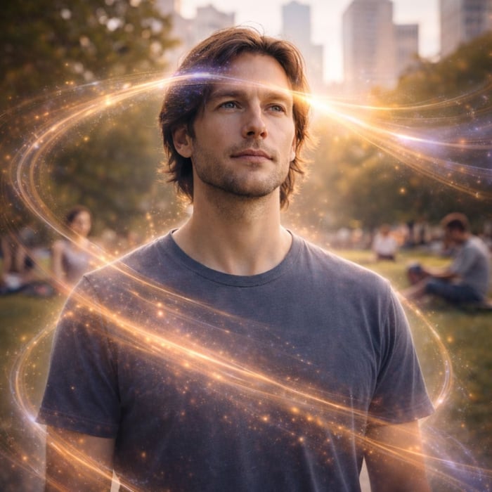 A regular-looking man with longer hair stands calmly in a city park as subtle golden frequencies surround his entire body, illustrating healing beyond the mind through quiet awareness amid everyday life.