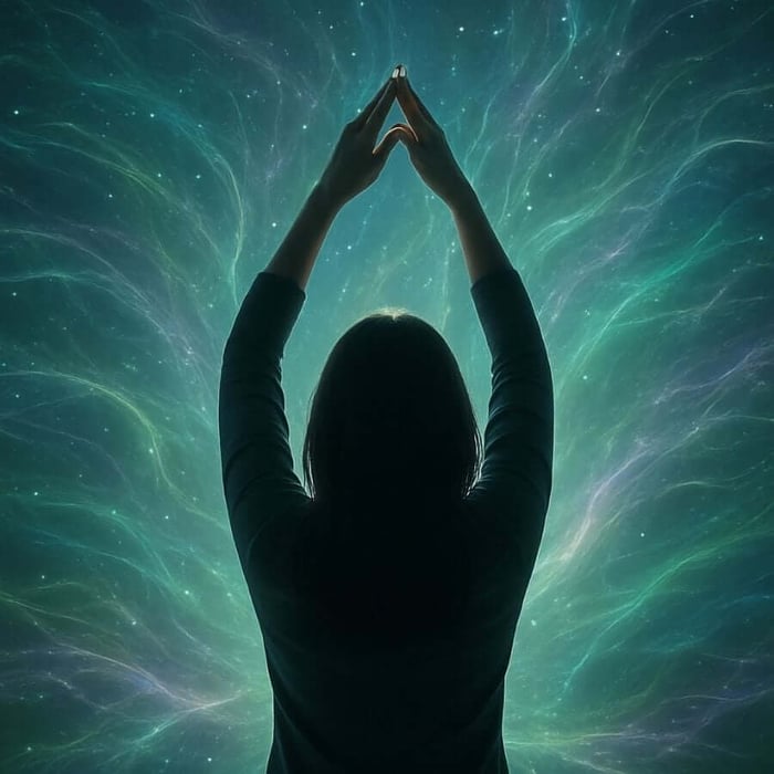 Woman standing with raised arms surrounded by flowing turquoise and green light patterns, symbolizing a profound healing experience and connection with universal energy.
