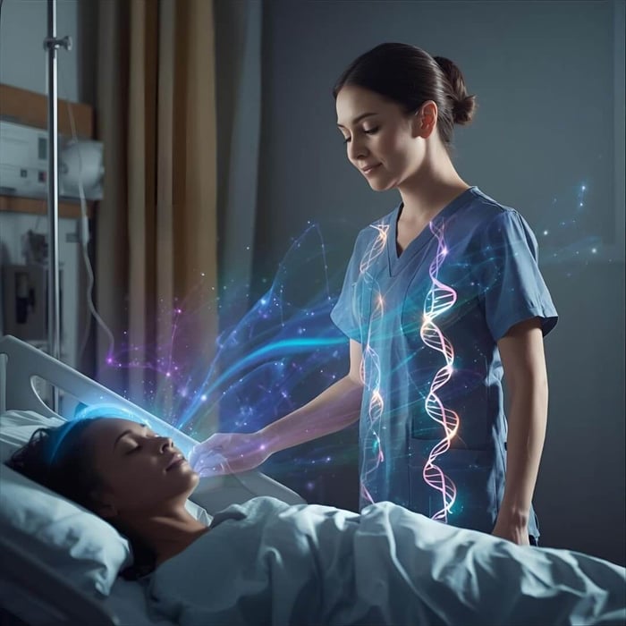 Nurse beside a resting patient surrounded by luminous DNA strands and flowing Reconnective Healing® frequencies, symbolizing the human upgrade through coherence and awareness.