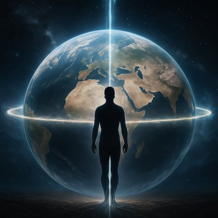 A silhouetted human figure standing before a luminous Earth with cosmic light connecting above and below, illustrating how we transform and evolve through universal and planetary alignment.