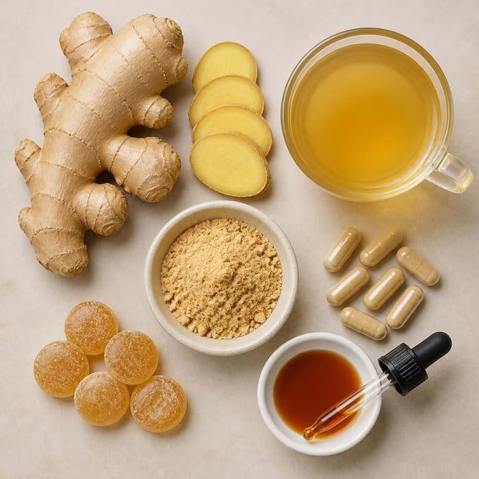 Fresh ginger root, tea, powder, capsules, lozenges, and extracts shown as different ways to use ginger.
