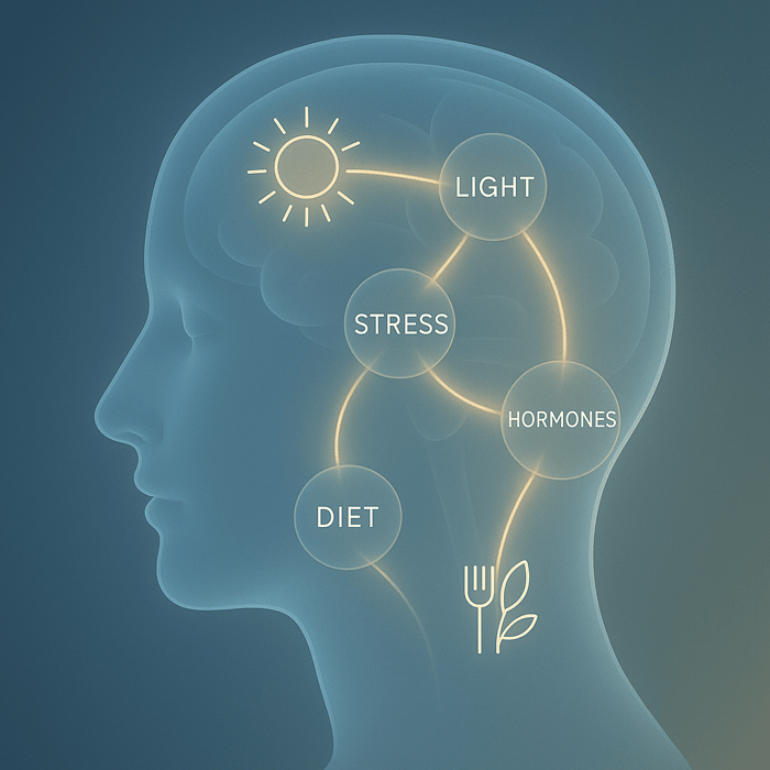  Illustration showing overlapping migraine triggers such as light, stress, and diet factors