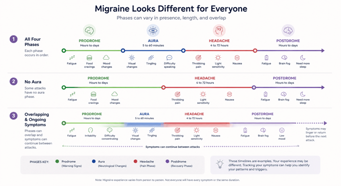 Illustration showing how migraine phases can overlap or vary between attacks.