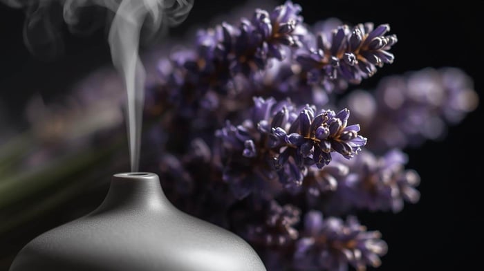 Lavender flowers and diffuser mist showing the best essential oil for migraine