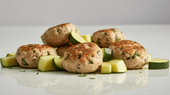 Homemade turkey patties with zucchini slices and herbs