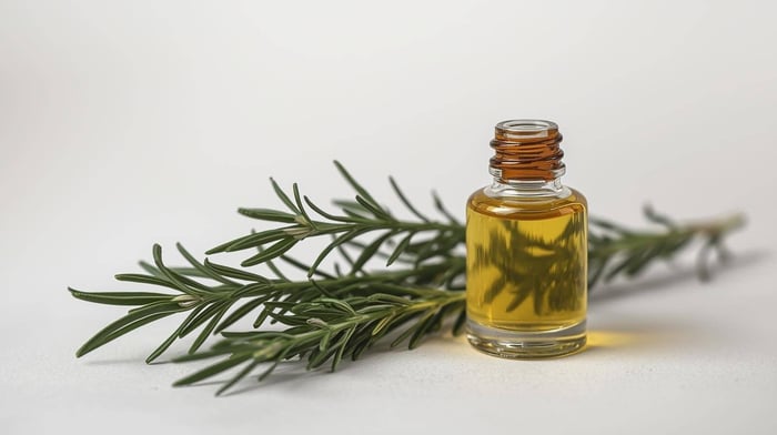  Fresh rosemary sprigs with an essential oil bottle