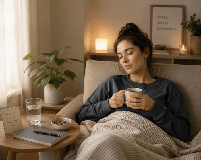 Quiet post-migraine recovery setting with water, simple food, soft lighting, and rest to support reduced sensory load.