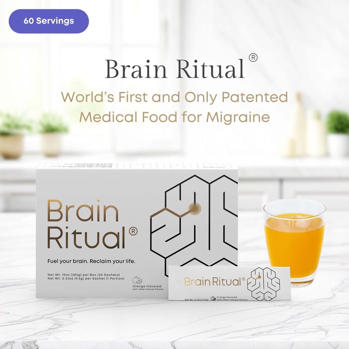 Brain Ritual box with sachet and glass of orange drink