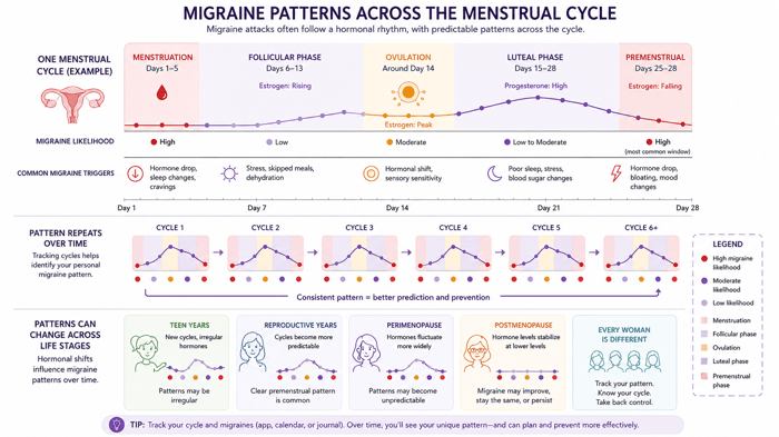 Timeline showing hormonal migraine patterns across the menstrual cycle and life stages