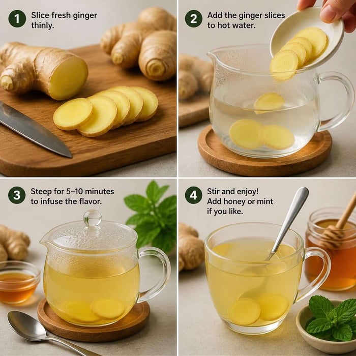 How to make ginger tea for migraines using fresh ginger slices and hot water.