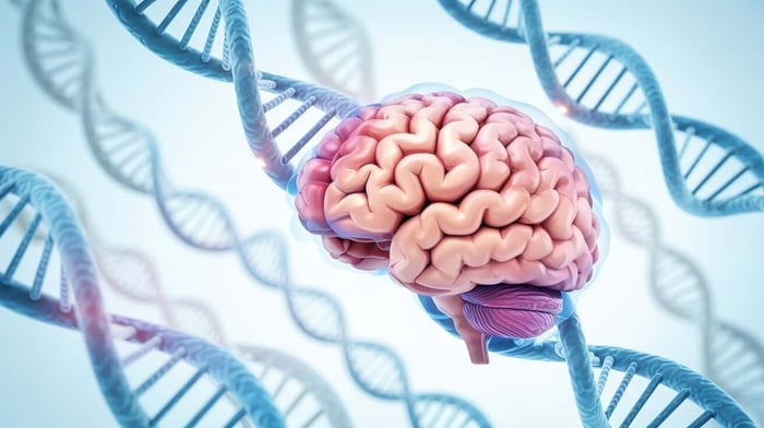 Human brain illustration surrounded by DNA double helix strands
