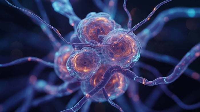 Close up digital illustration of glowing neural cells with branching connections