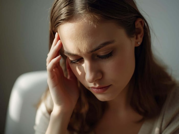 Woman pausing with eyes lowered during an estrogen and migraines with aura episode