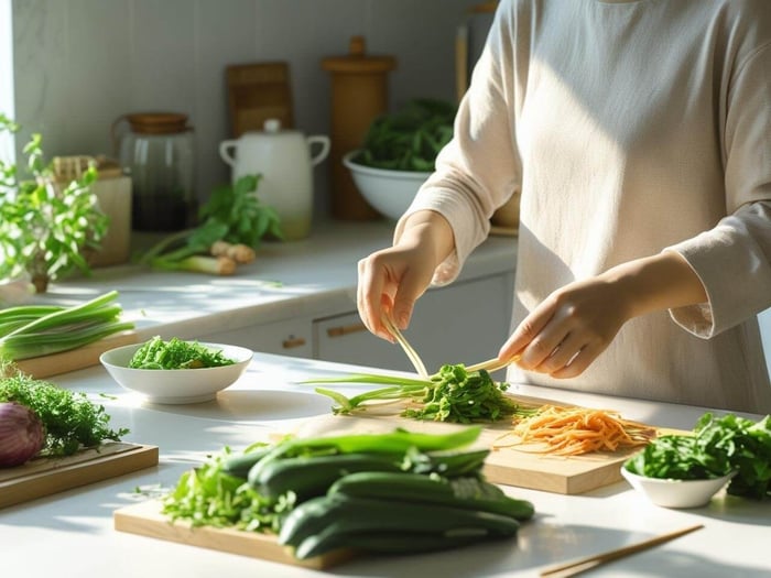  A person preparing a fresh migraine-friendly meal during the elimination diet phase.
