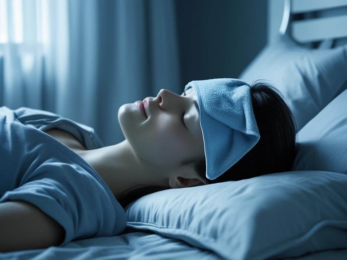 Person resting in a dark room with a cold compress for migraine relief.