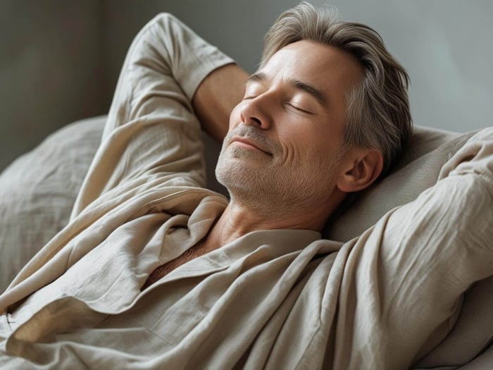 Person relaxing and practicing stress management for migraine support