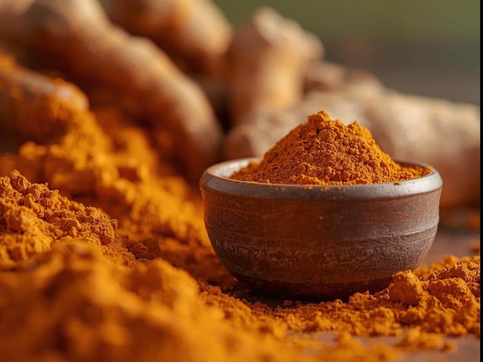 Turmeric for migraines shown as fresh root and ground spice.