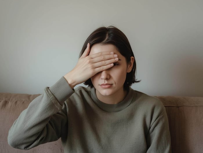 Person resting a hand over their eyes during a mild visual migraine aura