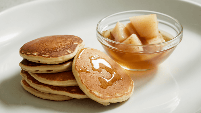 Almond-flour pancakes with pear compote on a rustic shallow plate