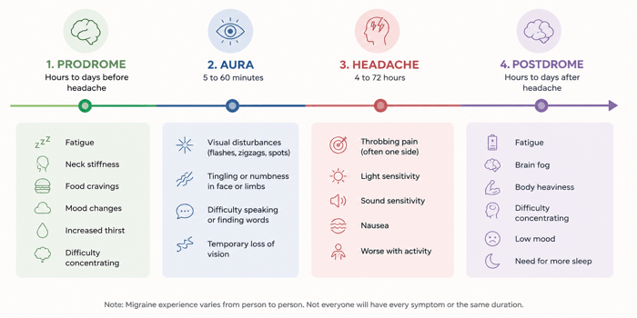 Illustrated timeline showing the four migraine phases: prodrome, aura, headache, and postdrome.