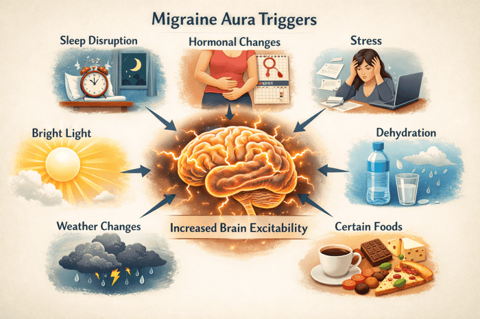 Common triggers that explain what causes aura migraines including sleep stress hormones and light