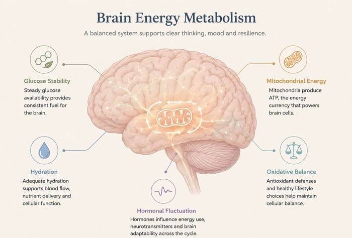  Diagram showing how brain energy, metabolic stability, oxidative stress, hormonal changes, and food-related factors may influence migraine susceptibility in females.