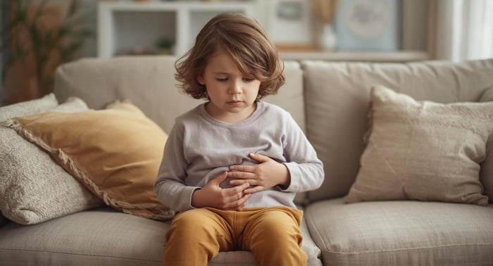  Child holding stomach during an abdominal migraine episode