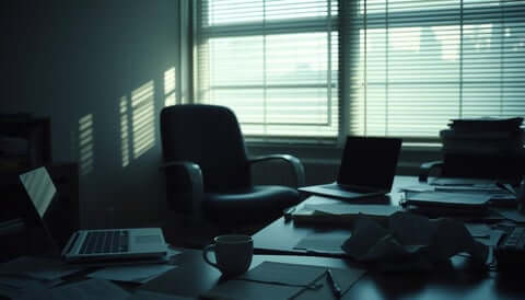 Empty office room with scattered papers and laptops on table