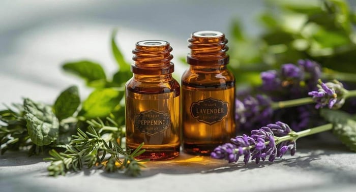 Small amber bottles of peppermint and lavender essential oils with fresh herbs