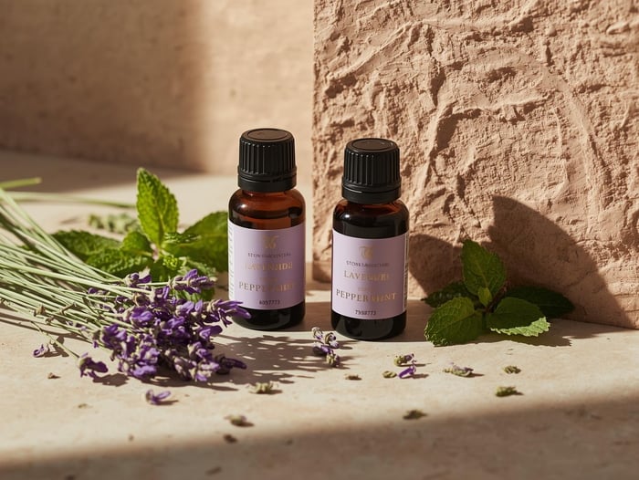 Small amber bottles of peppermint and lavender essential oils with fresh herbs