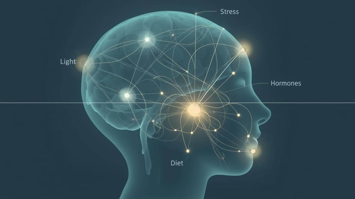 Illustration showing overlapping migraine triggers such as light, stress, and diet factors