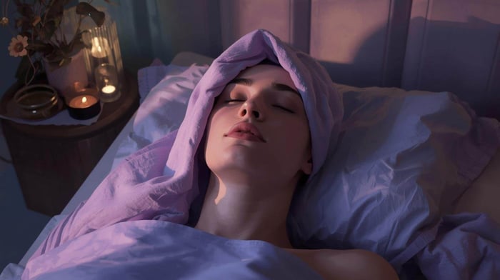 A person resting in a dim room using a cool cloth for natural migraine relief