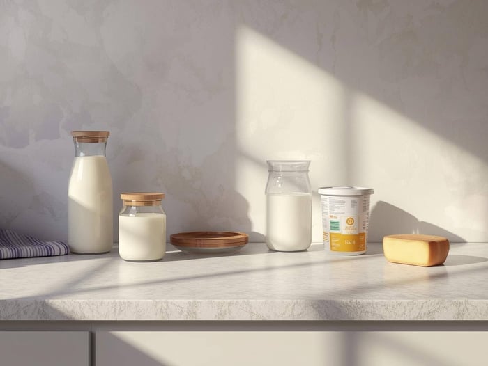 Common dairy foods on a kitchen counter relating to the question of can dairy cause migraines