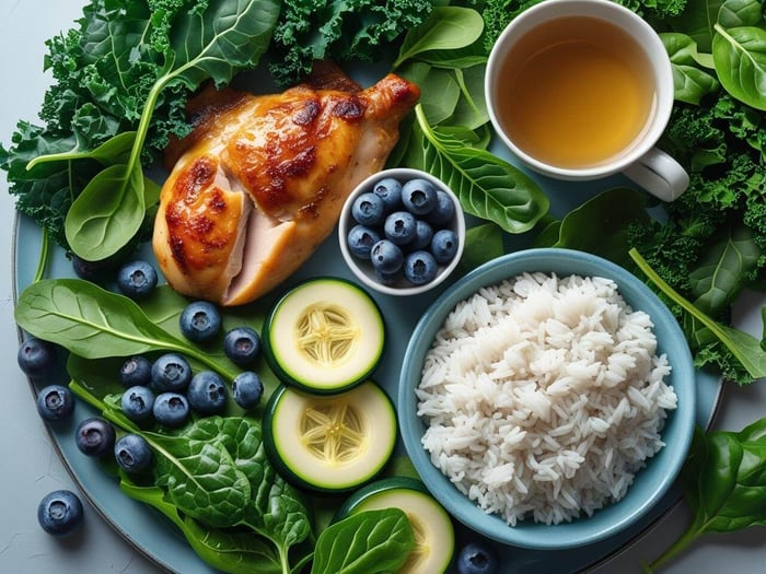 A variety of migraine elimination diet friendly foods including leafy greens, chicken, blueberries, and rice.