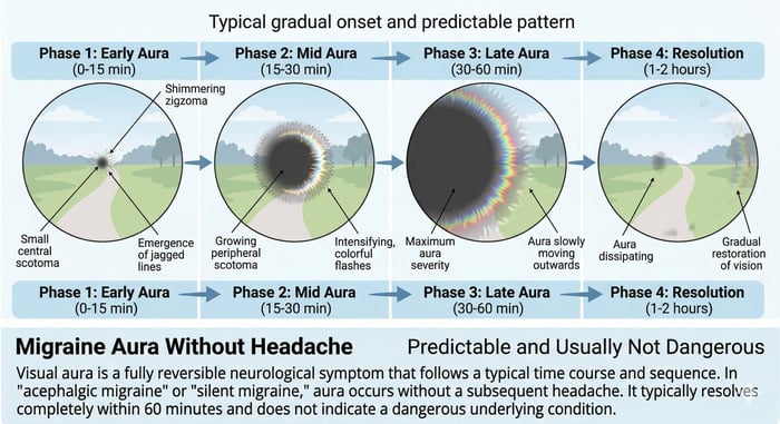Is aura without migraine dangerous: visual pattern showing gradual migraine aura symptoms over time