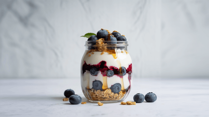 Coconut yogurt parfait layered with blueberries