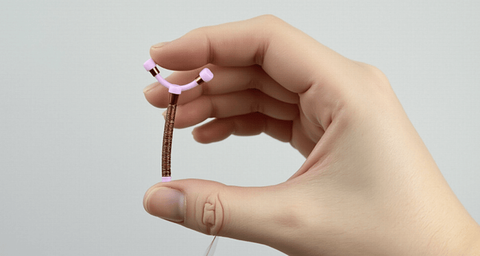 Hand holding an intrauterine device for birth control