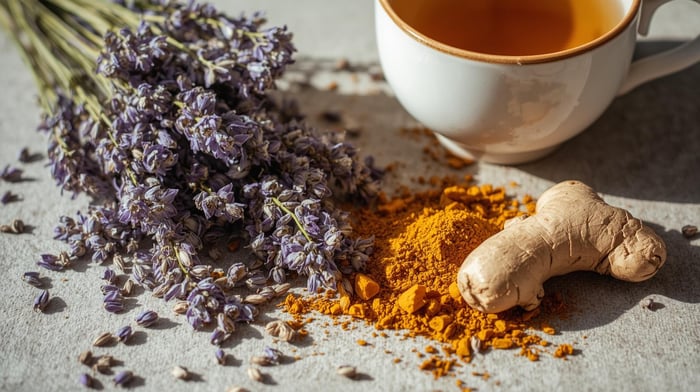 Herbal ingredients like chamomile and ginger displayed with a warm cup of tea.