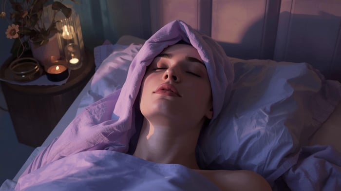 A person resting in a dim room using a cool cloth for natural migraine relief