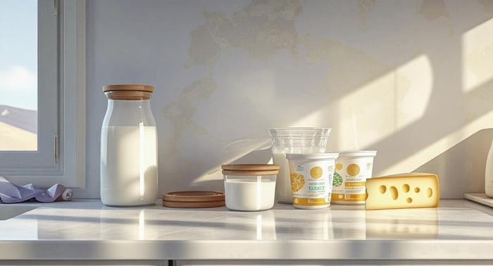 Common dairy foods on a kitchen counter relating to the question of can dairy cause migraines