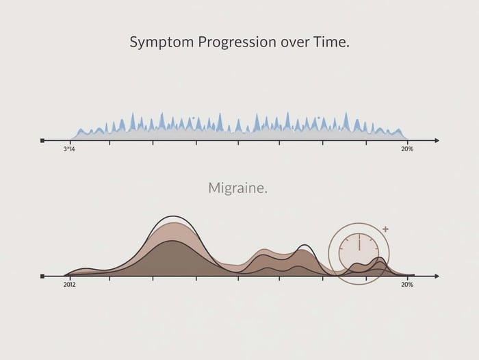 Timeline showing differences in symptom timing and progression between headache types