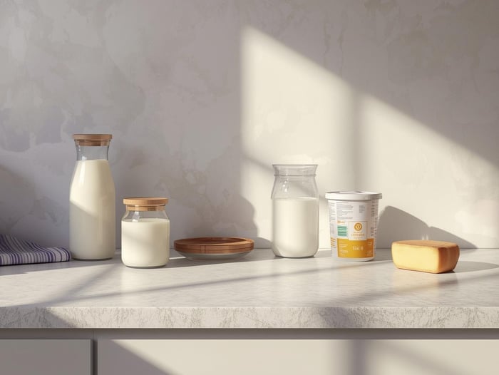 Common dairy foods on a kitchen counter relating to the question of can dairy cause migraines