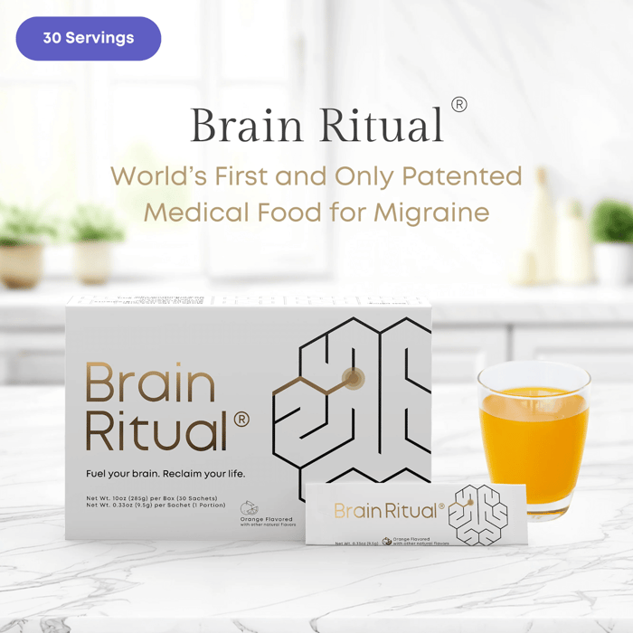 Brain Ritual® orange-flavored medical food shown prepared in a glass beside product box