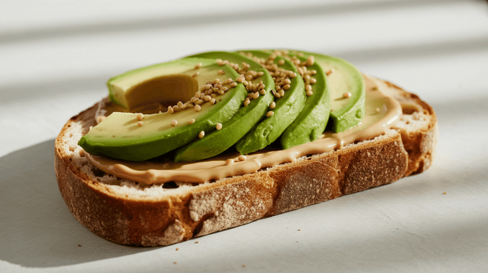 Gluten-free sourdough with tahini, avocado, and hemp seeds