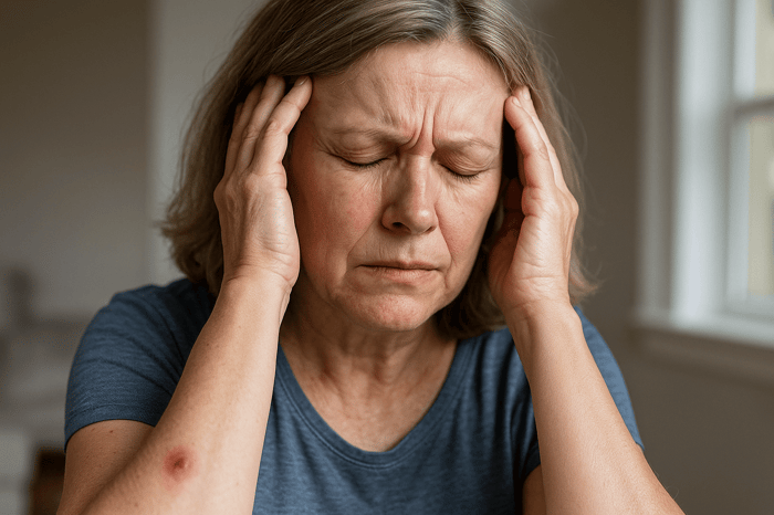 bug bitePerson experiencing migraine symptoms, holding head in discomfort